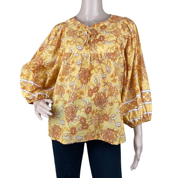 C&C California Womens Yellow Floral Long Sleeve Tie Front Boho Tunic Blouse Sz M - Picture 1 of 6